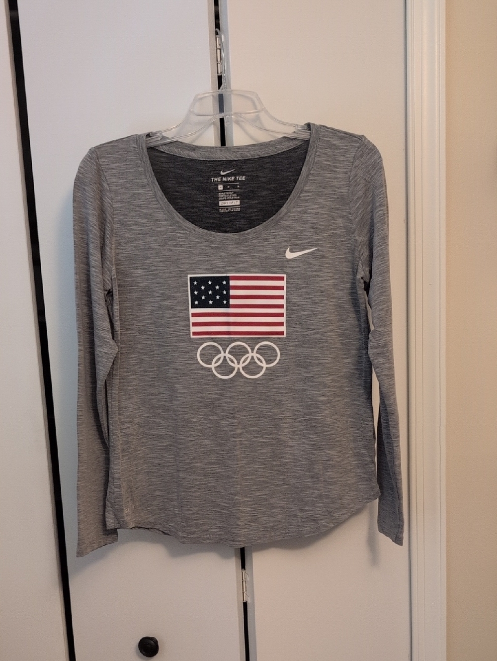 Nike Gray Long Sleeve Tee with USA Flag and Olympic Rings